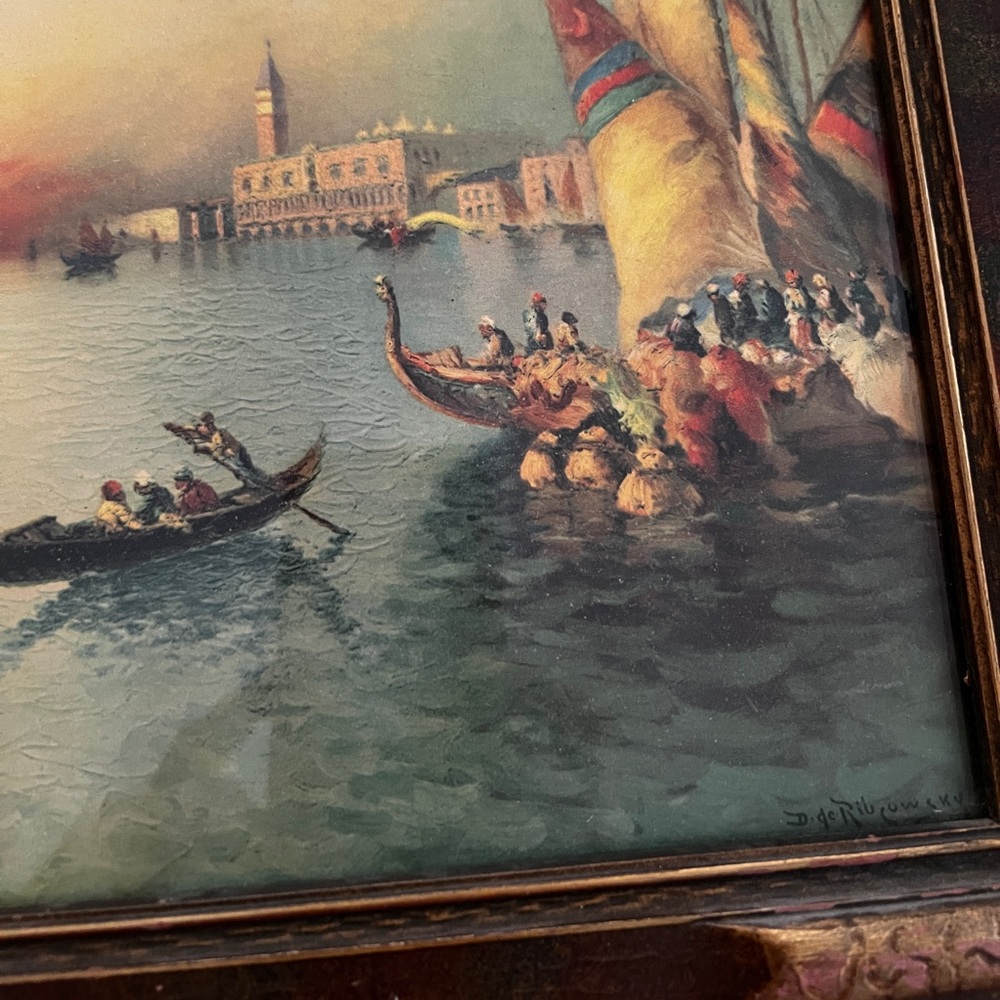 Framed Venetian Harbor Sailboat Painting in Teal and Gold - Picture 4 of 12